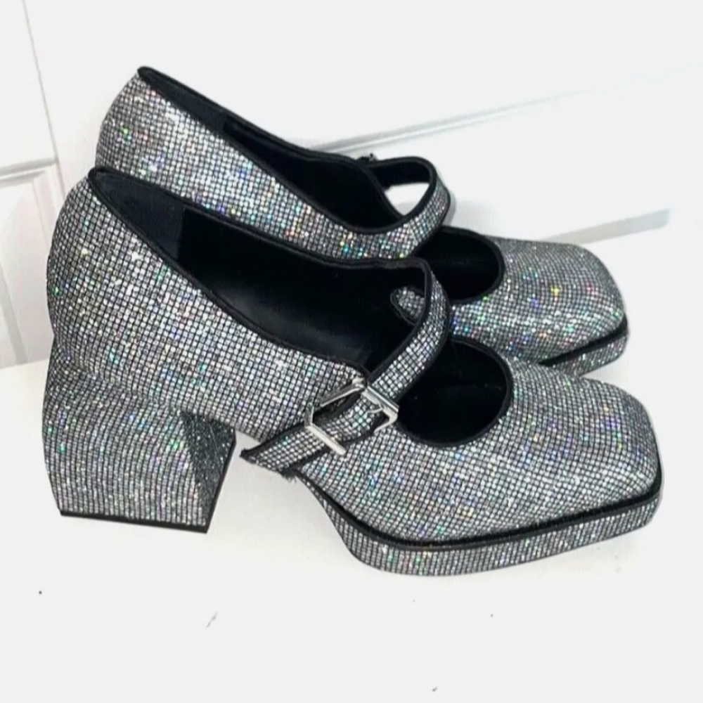 GIANNI BINI GLITTER MARY JANE 2 NIGHT PLATFORM PUMPS NWOT SIZE 9 - Picture 3 of 12